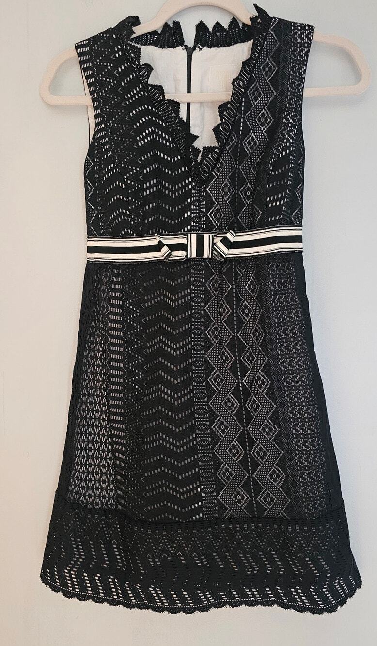 Anna Sui Mini Dress Black Cream Combo Sleeveless Lace Lined Womens Sz 6